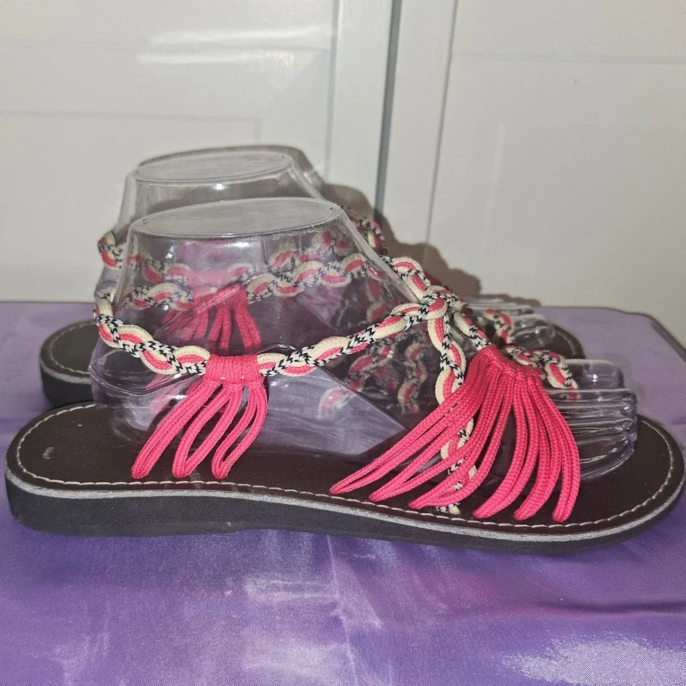 LOKI Pink Braided Rope Sandals Womens Strappy Boho Summer Beach Shoes